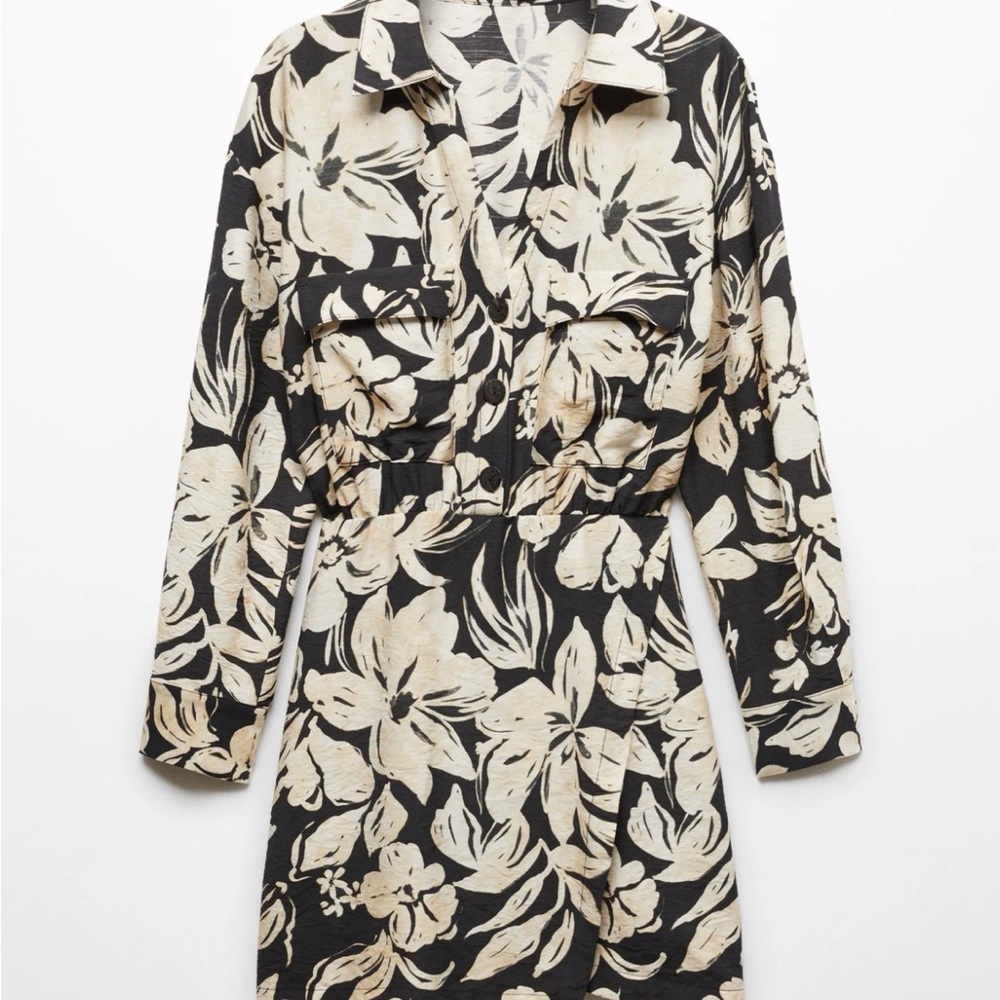 Mango Black Floral Mini Dress with Cream Print